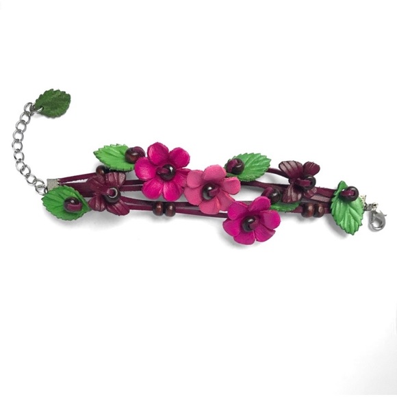 1 LEFT! Handmade Handcrafted Genuine Leather Flower Butterfly Bracelet - Picture 2 of 3